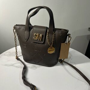 Steve Madden Satchel Bucket Bag Purse Brown Embossed Logo Chain Accent